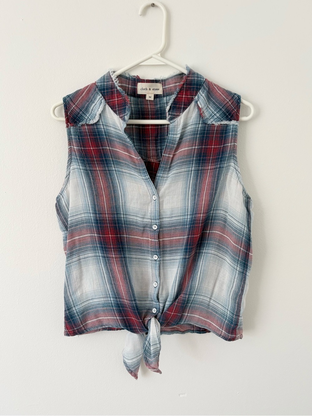 Cloth & Stone Plaid Sleeveless Tie Front Button Down Tank Sunglow Indigo Medium - Picture 5 of 10